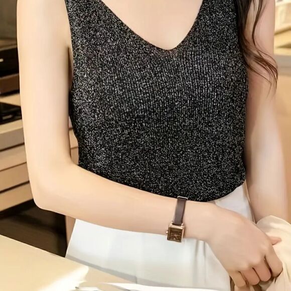 Solid Sequin Knitted Top, V-Neck Sleeveless Casual Top Size M, L, XL - Picture 10 of 14